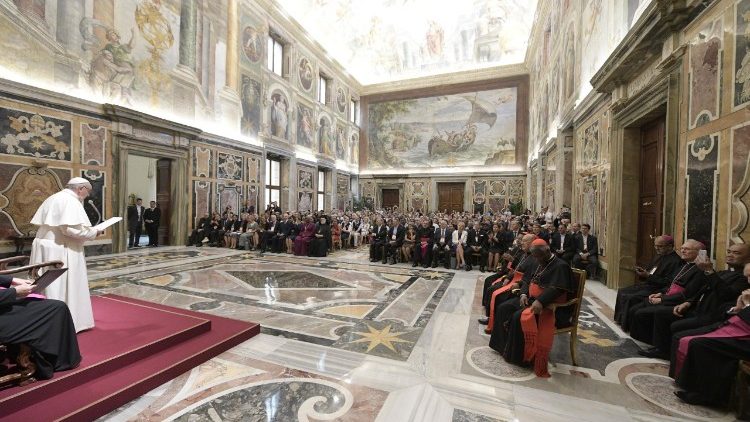 Pope Francis addresses participants at the International Conference on the Third Anniversary of Laudato si’