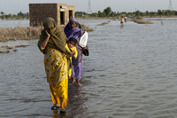 Women walking through flooded land in Pakistan