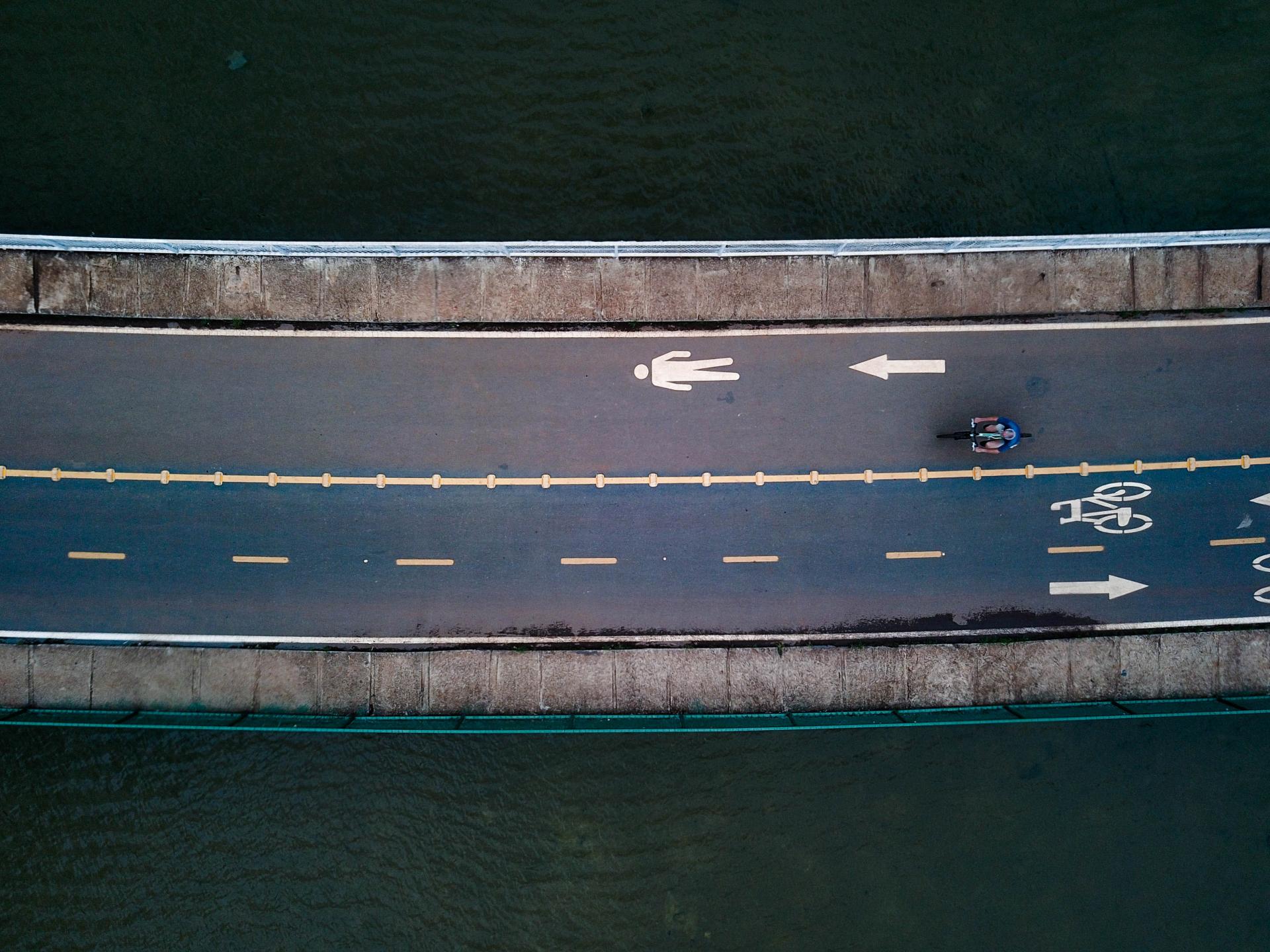 Aerial view of a cycle path and a pedestrian path