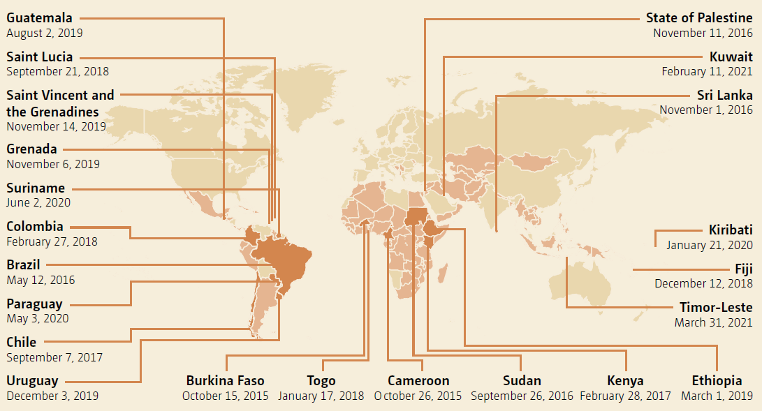 Information on national adaptation plans in developing countries as of 31 March 2021. Darker shades are those countries with a NAP while the lighter shades are those that started the process. Those without shades are developing countries with no information on whether they have initiated the process. Read more here