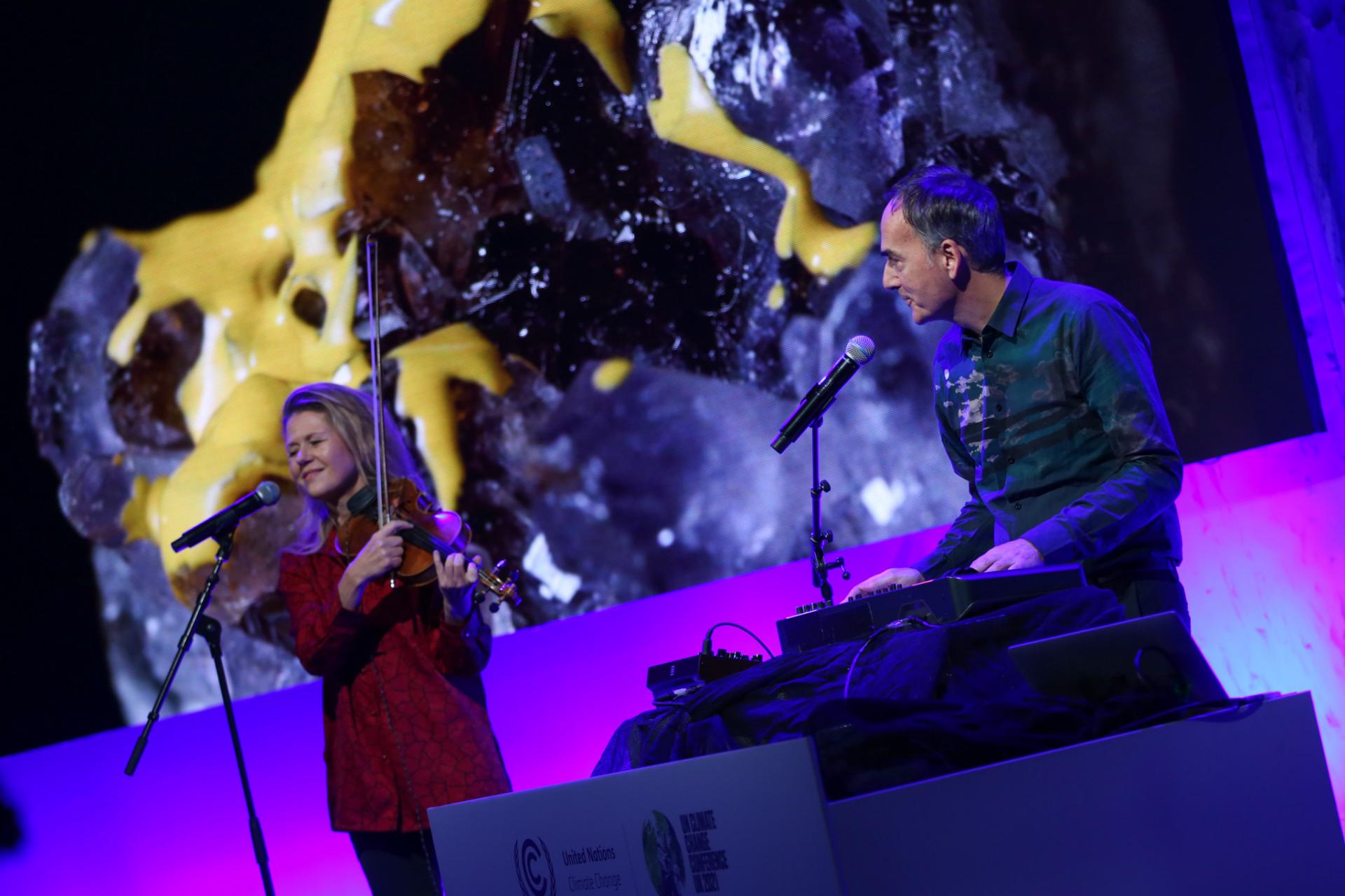 Picture of Müller & Makaroff on the Action Hub stage at COP 26 playing Antropoceno!