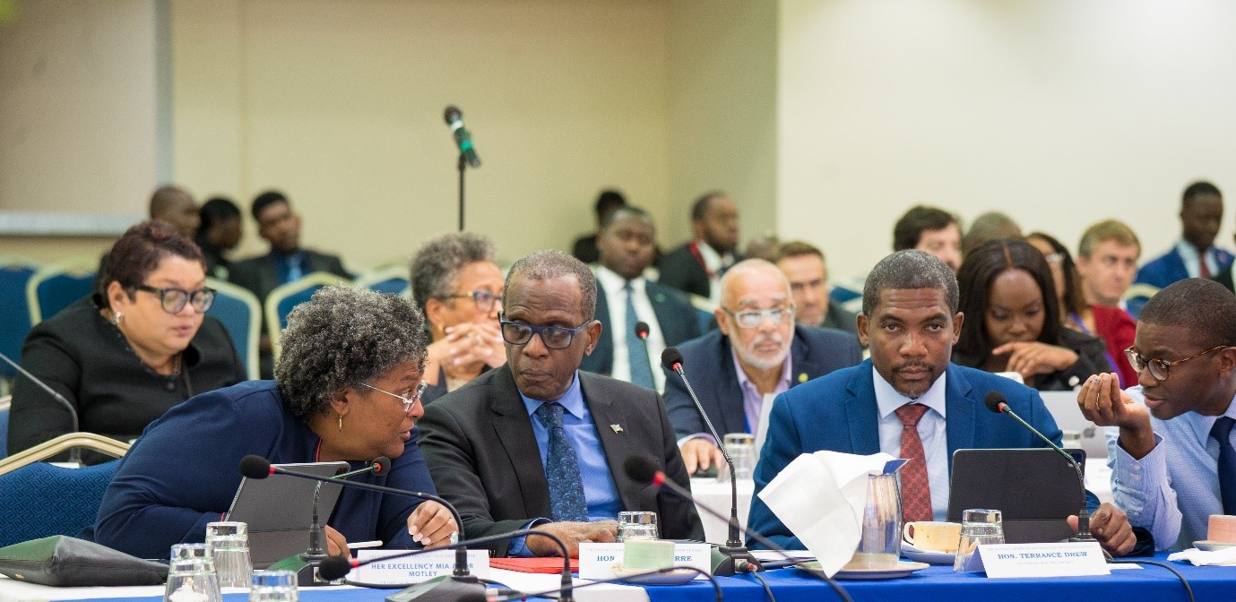 Prime Ministers of Barbados, St. Lucia, St. Kitts and Nevis, and Grenada (left to right) discuss climate finance.