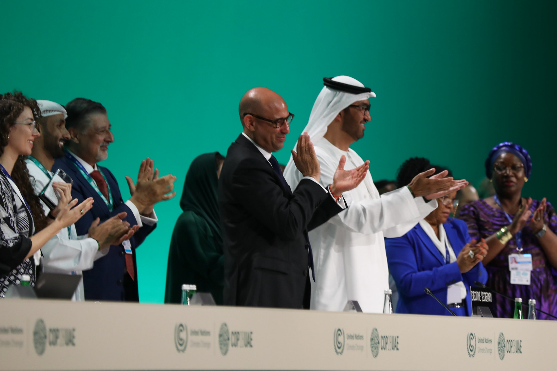 Mr. Simon Stiell, UNFCCC Executive Secretary, H.E. Sameh Shoukry, President of COP 27, and Dr. Sultan Al Jaber, COP28 President attend the UNFCCC Formal Opening of COP28 during the UN Climate Change Conference at Expo City Dubai on November 30, 2023, in Dubai, United Arab Emirates.