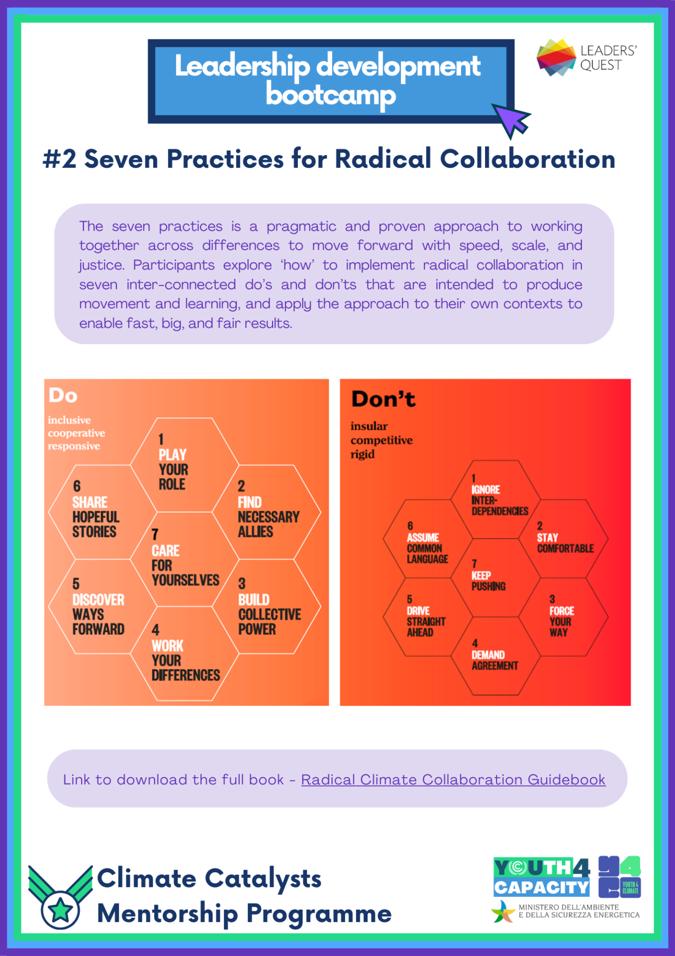 Colorful workshop digest Leadership Development Bootcamp Session 2 Seven Practices