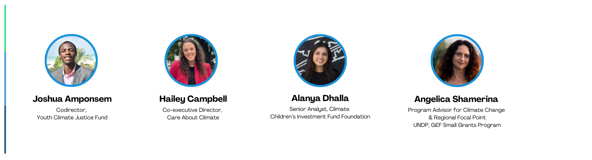 Photos of four speakers with names and roles. 