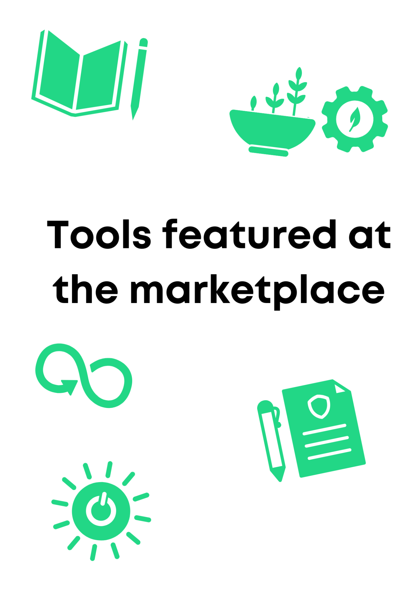 Green icons floating, "Tools featured at marketplace" below