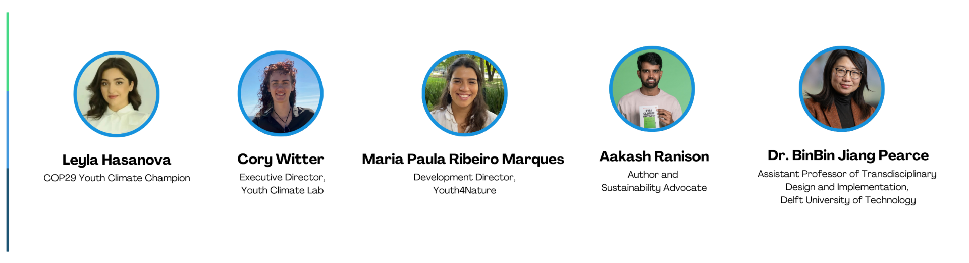 Photos in blue circles, names and titles of five speakers below.