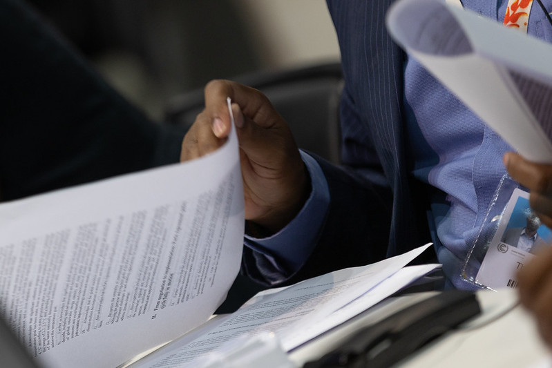 Participant reading documents at a conference