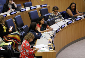Women talking and listening at a climate change conference.