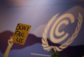 A person holds up a sign asking the world not to fail them at COP27 in Egypt. 