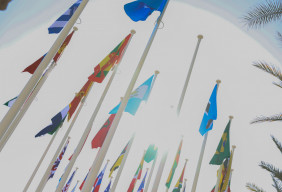 Flags at the COP28 venue in Dubai, UAE.