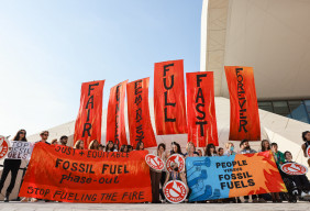 Fossil Fuel Phase Out action at the UN Climate Change Conference COP28 at Expo City Dubai on December 13, 2023, in Dubai, United Arab Emirates.