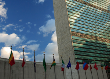 UN building with flags
