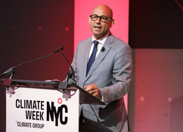 UN Climate Change Executive Secretary Simon Stiell delivers his keynote speech at the opening ceremony of the 2023 NY Climate Week.