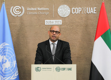 Simon Stiell, Executive Secretary of the UNFCCC, speaks to media during the UN Climate Change Conference COP28 at Expo City Dubai on 13 December 2023, in Dubai, United Arab Emirates.