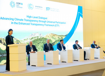 Zulfiya Suleimenova (left), Advisor to the President of Kazakhstan and Special Representative for International Environmental Cooperation, who has been appointed by the incoming COP President (third from left) as one of the ‘High Level Transparency Pair’, speaks during the opening of the Baku High-Level Dialogue on Climate Transparency.