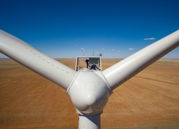 Operations and maintenance inspection on top of a wind turbine.
