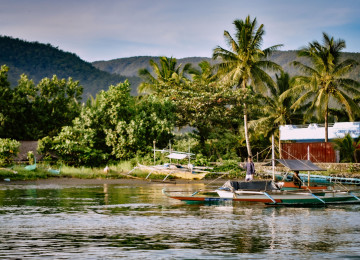 Scenic view of tropical harbor with traditional boats and lush greenery under a clear sky, Philippines