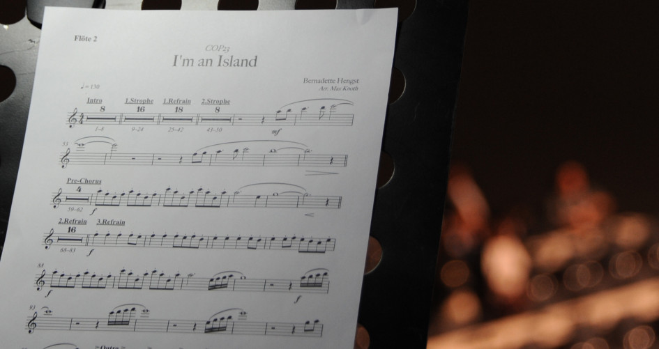 Sheet music to I'm an Island song at COP23 opening ceremony