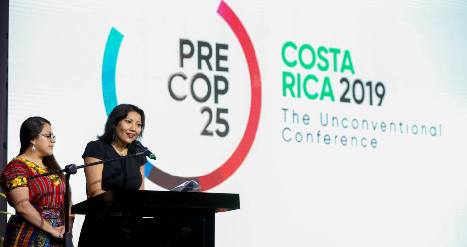 Representatives from indigenous people speak at PreCOP25 in Costa Rica