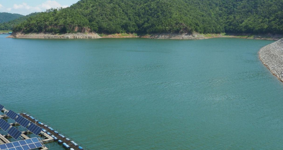 Floating solar panels on lake in Thailand