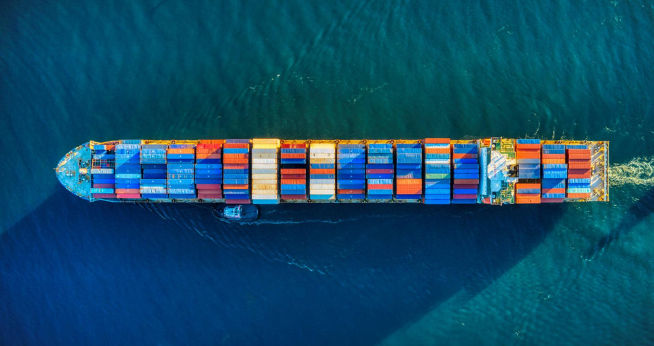 Aerial view of a freight ship at see