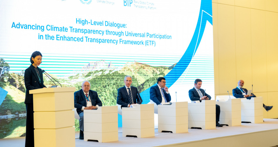 Zulfiya Suleimenova (left), Advisor to the President of Kazakhstan and Special Representative for International Environmental Cooperation, who has been appointed by the incoming COP President (third from left) as one of the ‘High Level Transparency Pair’, speaks during the opening of the Baku High-Level Dialogue on Climate Transparency.