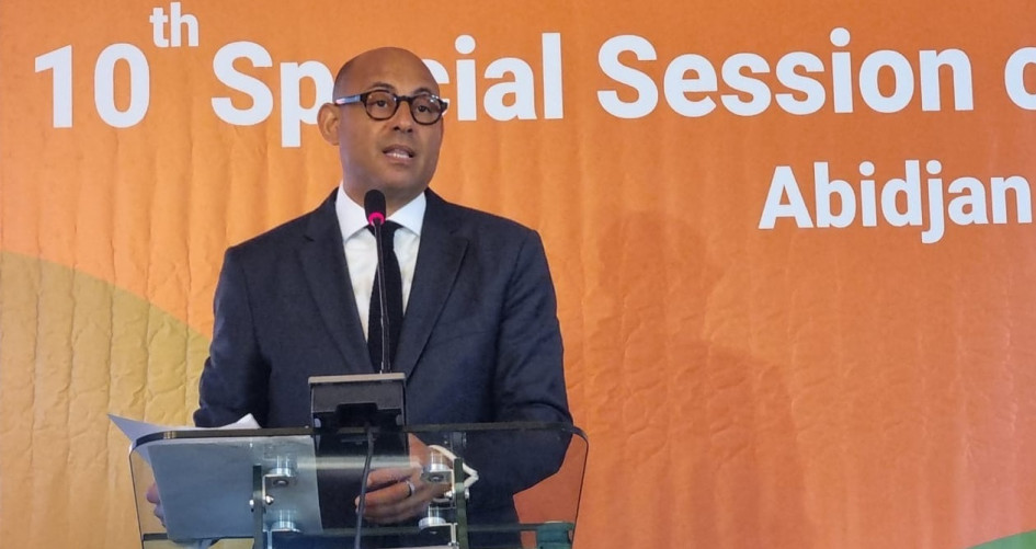 UN Climate Change Executive Secretary Simon Stiell delivers remarks at the 10th African Ministerial Conference on the Environment (AMCEN) in Abidjan, Côte d'Ivoire, on 5 September 2024.