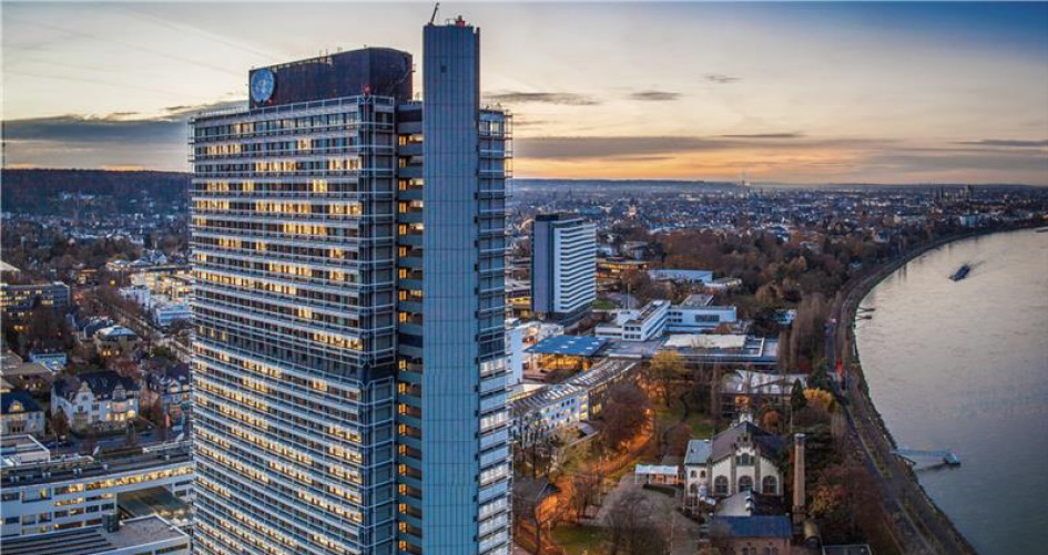 UN building in Bonn beside the Rhein, captured from above.