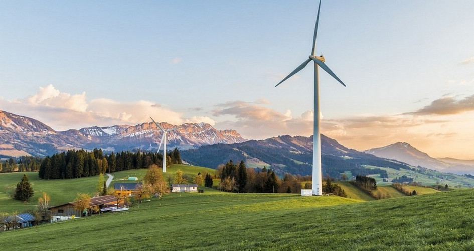 mountains with wind turbine