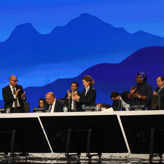 Delegates at COP27 celebrate the end of the conference up on the main podium.