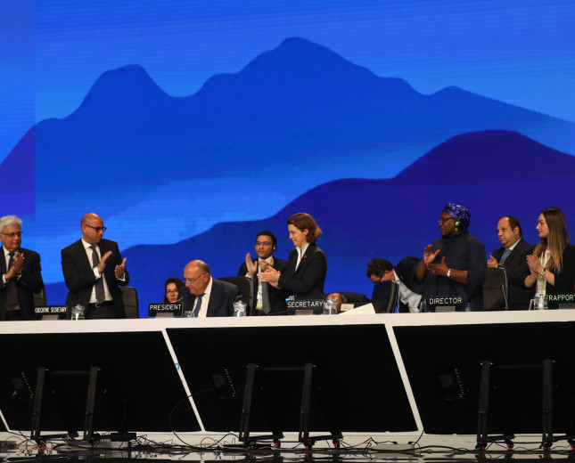 Delegates at COP27 celebrate the end of the conference up on the main podium.