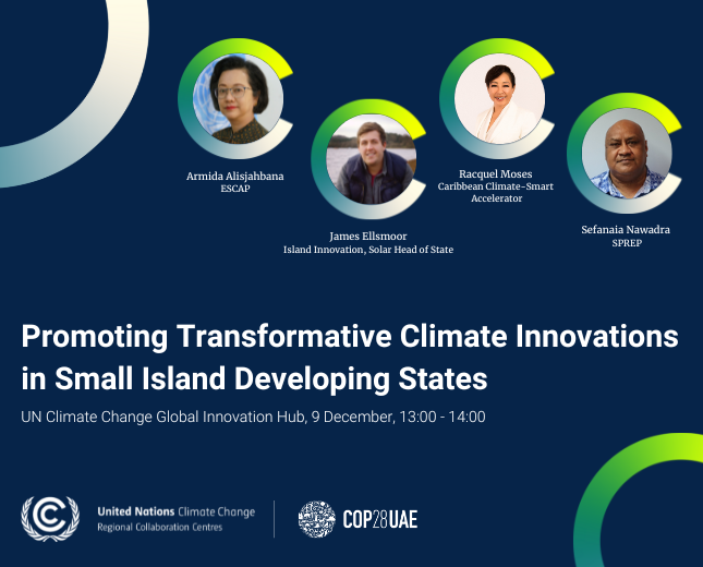 promotional card for the COP 28: "Promoting Transformative Climate Innovations in SIDS" - RCC Caribbean and RCC AP