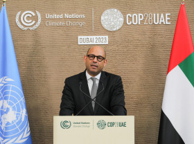 Simon Stiell, Executive Secretary of the UNFCCC, speaks to media during the UN Climate Change Conference COP28 at Expo City Dubai on 13 December 2023, in Dubai, United Arab Emirates.