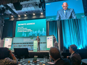 Simon Stiell delivers a speech at the Sustainable Investment Forum during New York Climate Week.