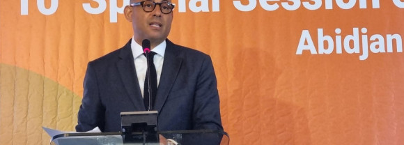 UN Climate Change Executive Secretary Simon Stiell delivers remarks at the 10th African Ministerial Conference on the Environment (AMCEN) in Abidjan, Côte d'Ivoire, on 5 September 2024.