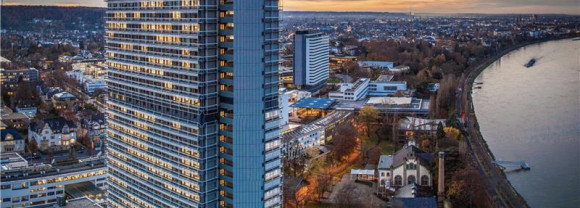 UN building in Bonn beside the Rhein, captured from above.